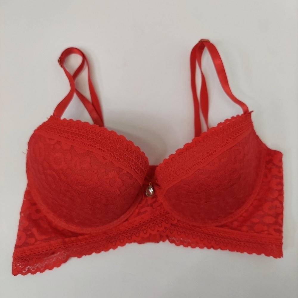 Bra Size 36C Underwire Molded Cup Red Demi Cup Lace Leopard Print Rhinestone - Picture 1 of 10